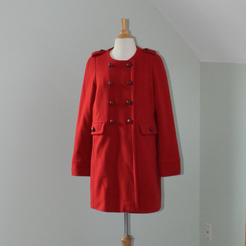 Red Wool Military Style Pea Coat